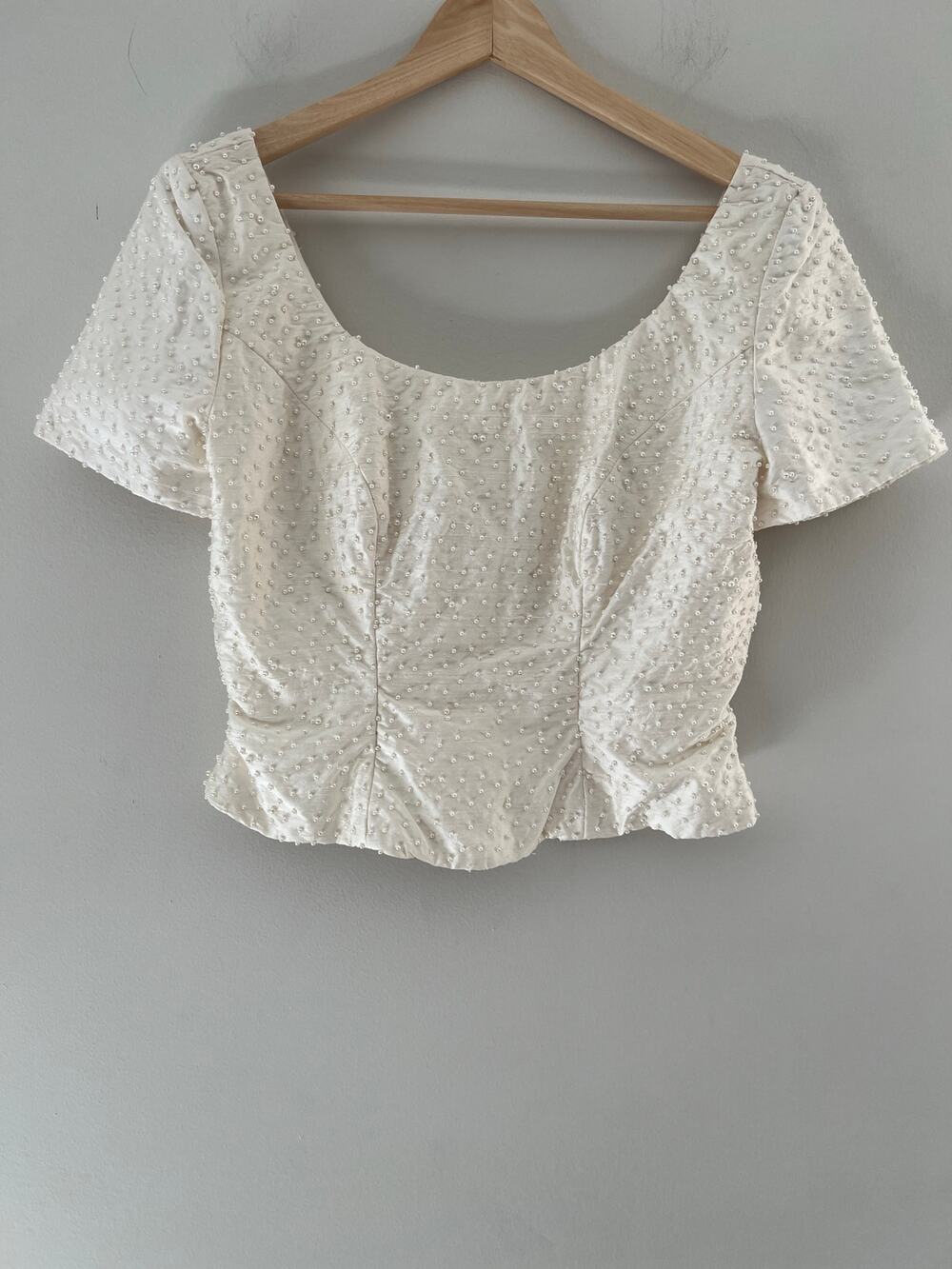 Watters Silk Crop Cocktail Short Sleeve Top Pearl Beaded Scoop Neck 6 JL